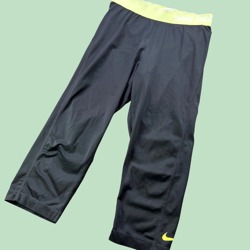 Nike Pro Leggings Women S Black Neon‎ Yellow Capri Athletic Gym Training Yoga